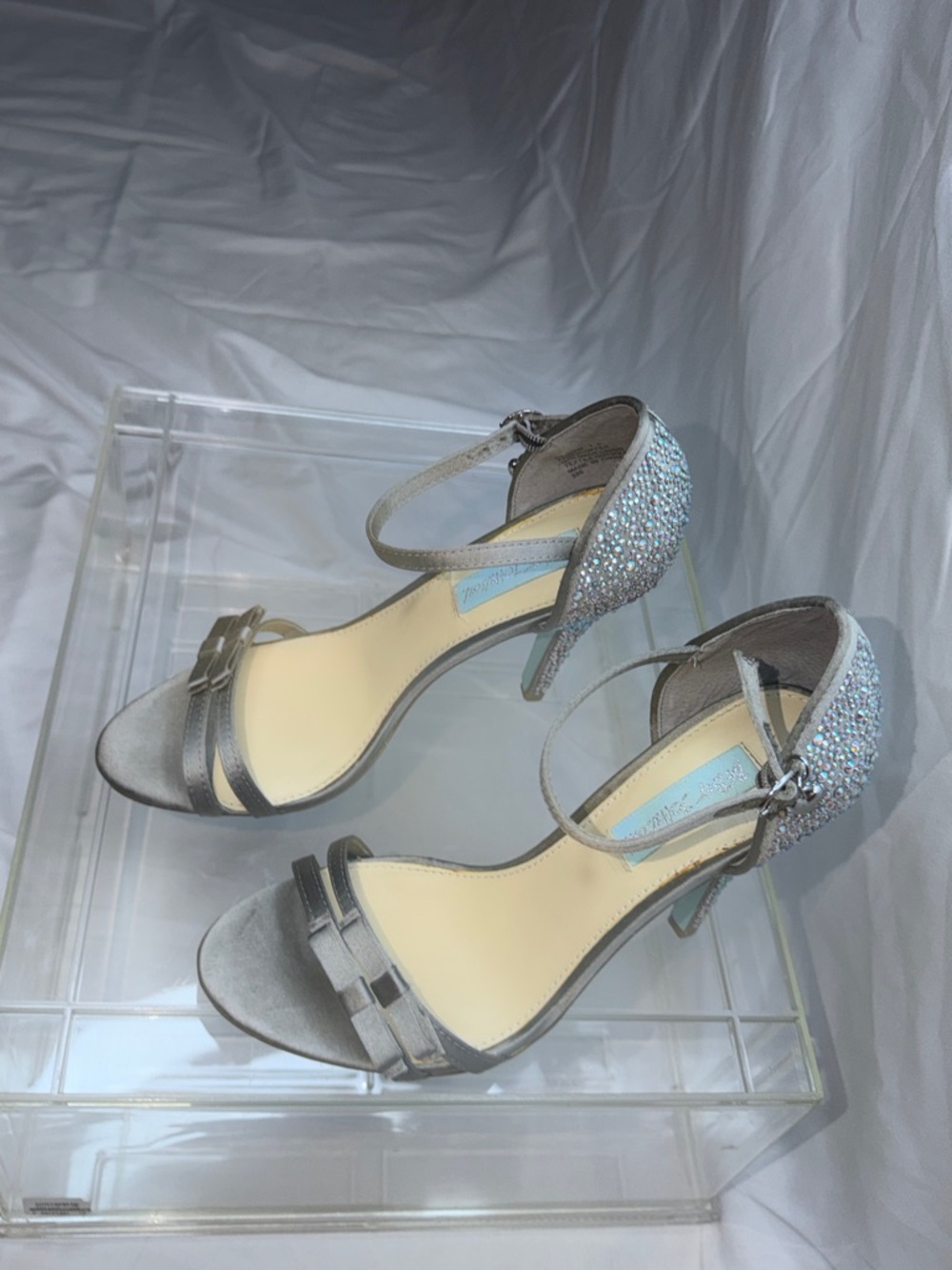 Betsey Johnson Silver Crystal Rhinestone Heel Ankle-Strap Open-Toe Shoes -Sz 7.5